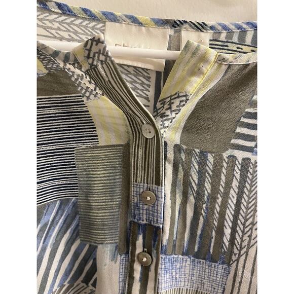 CHICO'S Blouse Womens Size 3 Striped Roll Tab Sleeve Angle Hem Sheer Blue Green - Picture 3 of 7